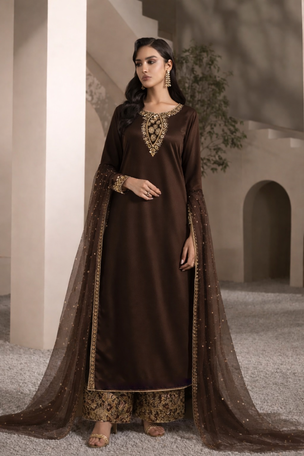 Armina chocolate brown Pakistani kaftan set, full length