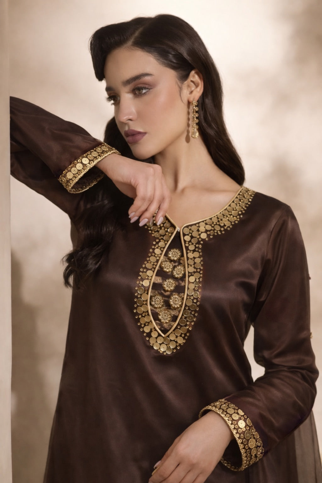 Armina chocolate brown kaftan set with gold embroidery, side view
