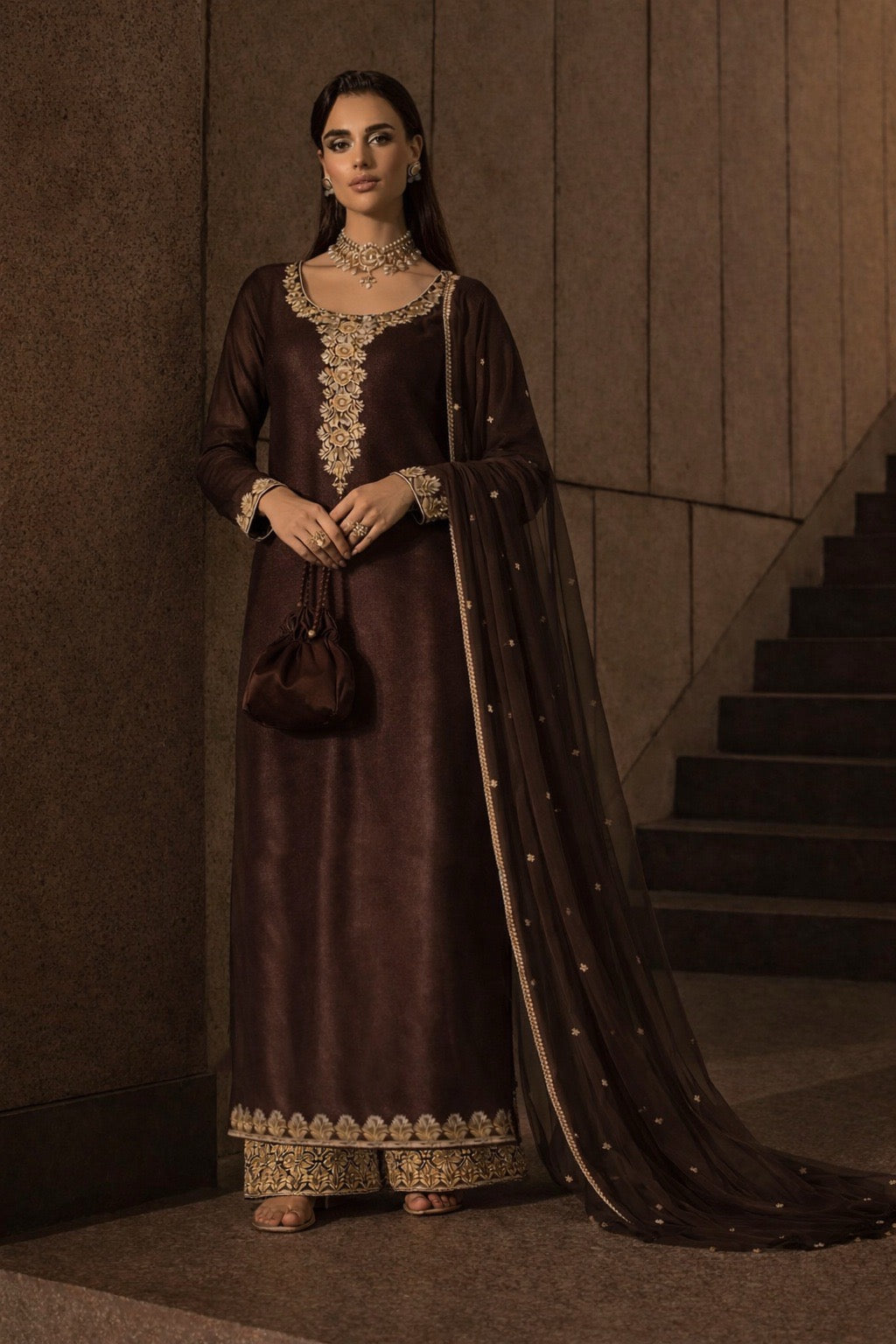Armira chocolate embroidered kurta, neckline detail