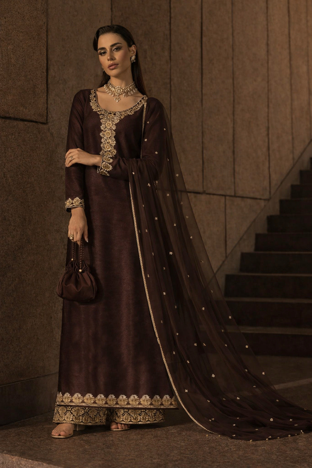 Armira chocolate three-piece set with embroidered detailing, full length