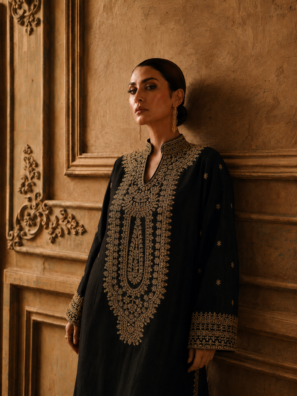 A woman wearing a black long kurta with ornate gold embroidery around the neckline, sleeve cuffs, and hem, leaning against a textured warm brown wall with carved paneling.