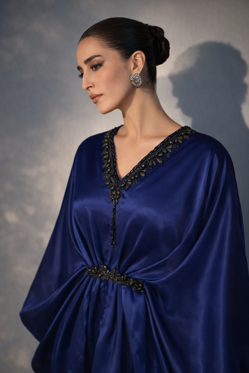 midnight blue satin kaftan dress with embellished neckline modest evening wear