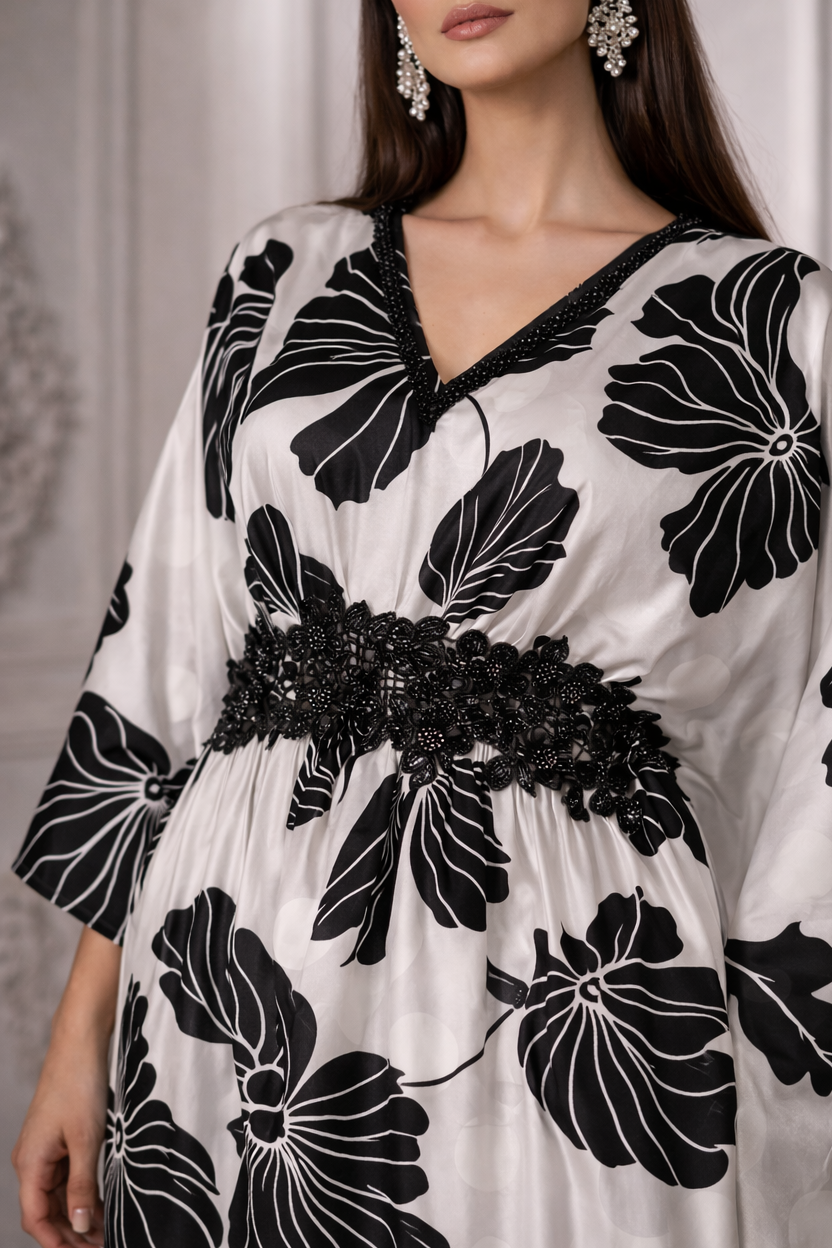 Celeste black and white floral kaftan, hand-finished detail