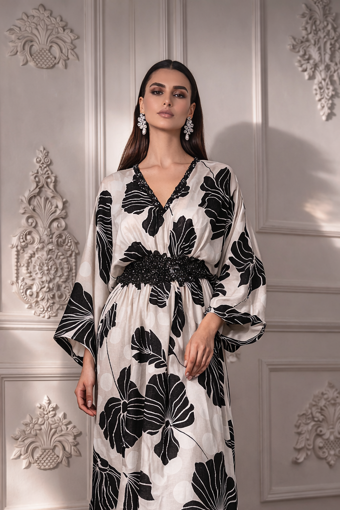 Celeste printed modest kaftan with relaxed silhouette, full length