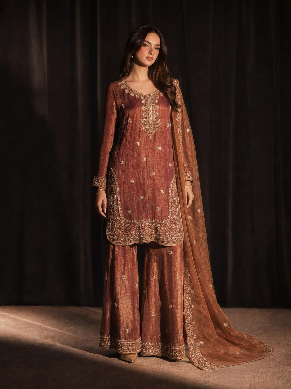 Rust raw silk kameez and dupatta, ILARA Ambreen three-piece set detail