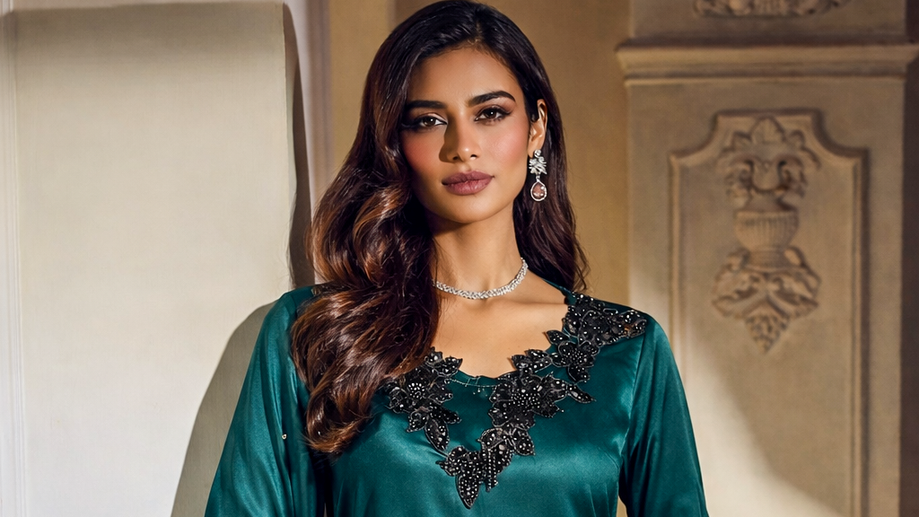 Dilara emerald green kurta with black floral appliqué detailing, close-up