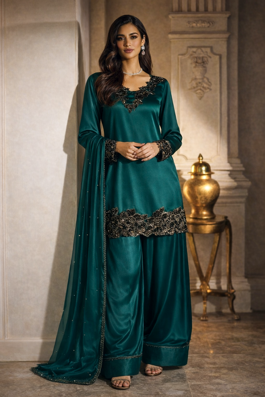 ILARA Dilara emerald green satin kurta set with black floral appliqué, front view