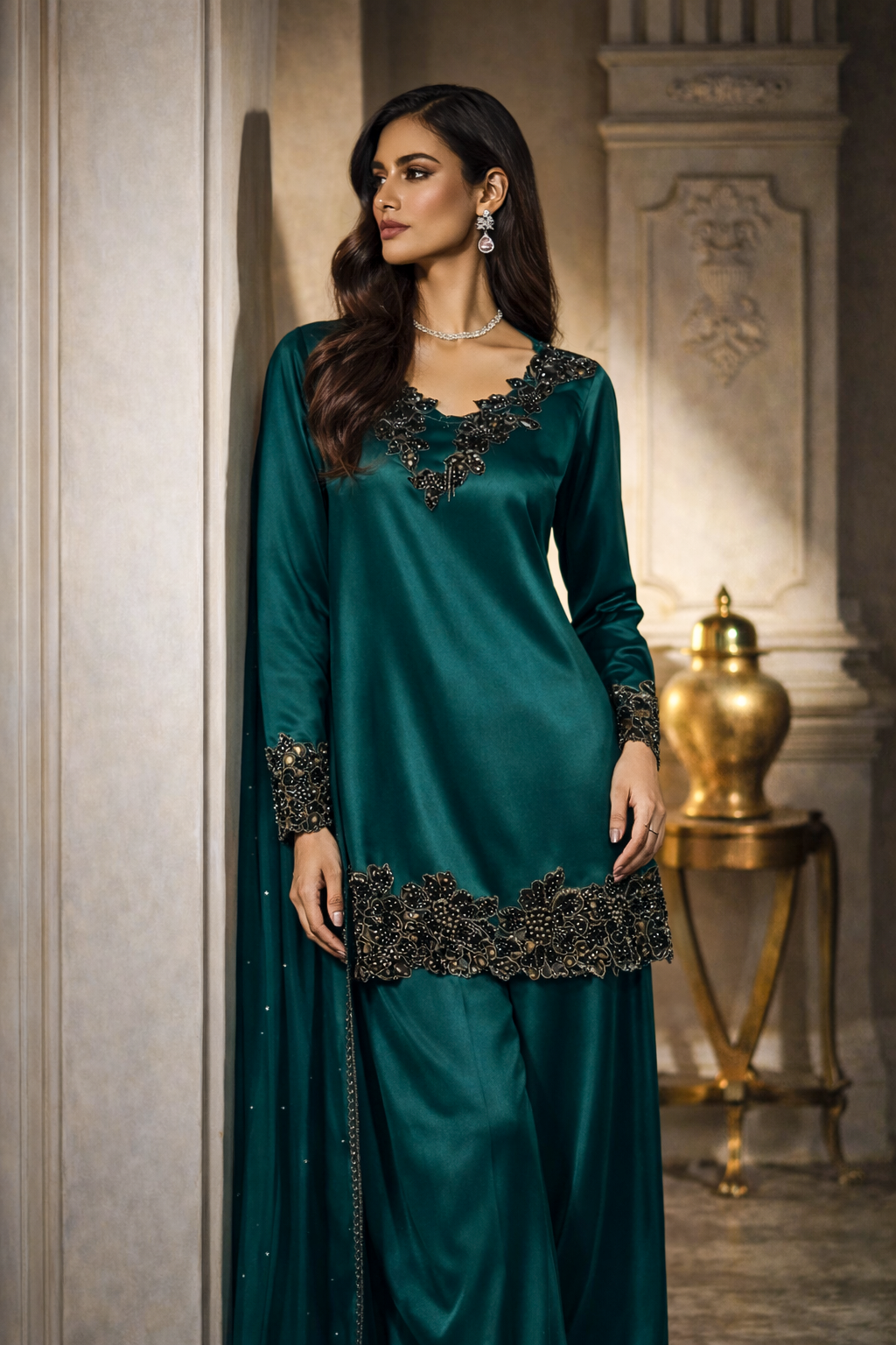 Dilara emerald green kurta set with organza dupatta, full length