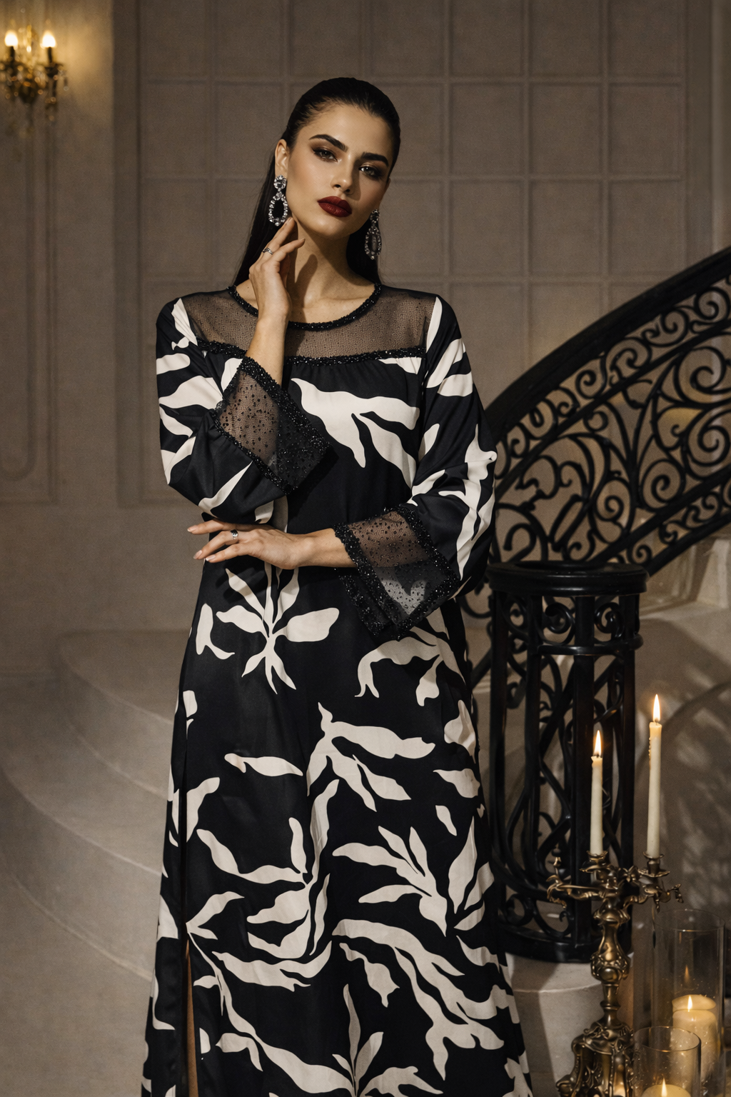 Elnara black and ivory palm print modest dress, full length