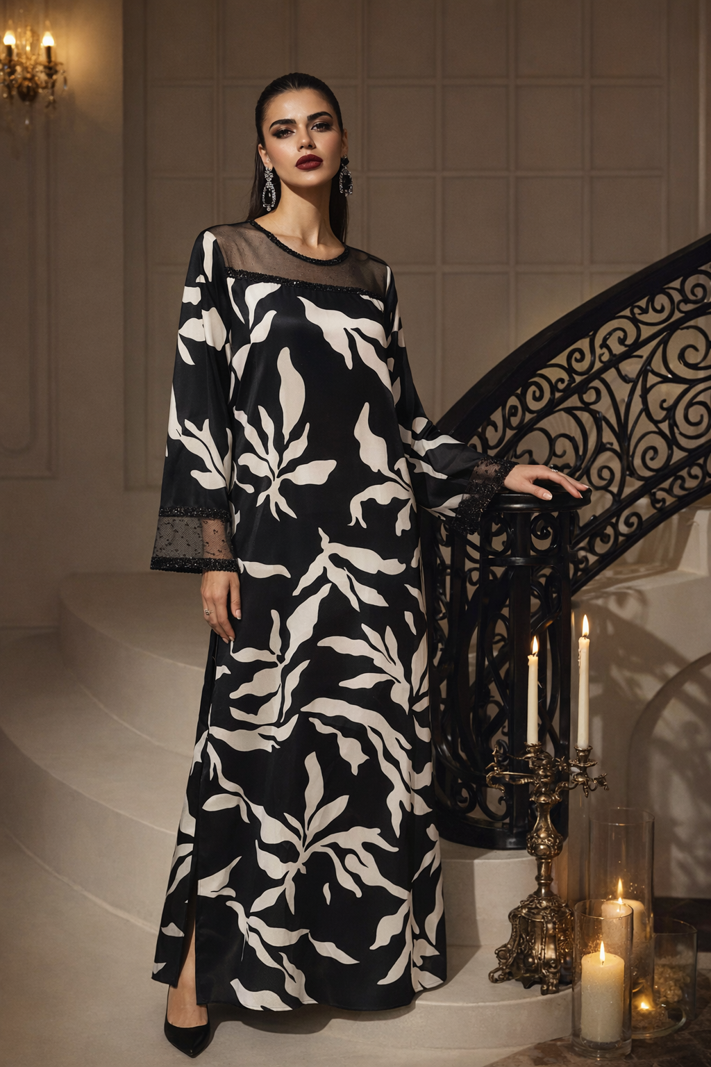ILARA Elnara black modest dress with ivory palm print, front view