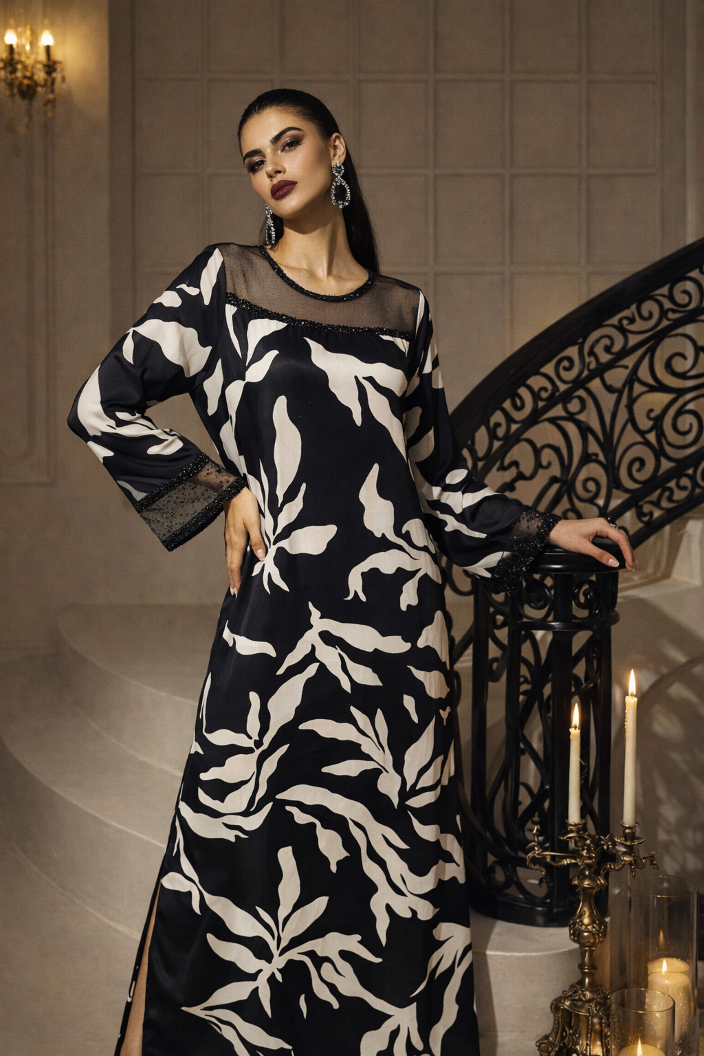 Elnara ivory palm print detail on black fluid fabric