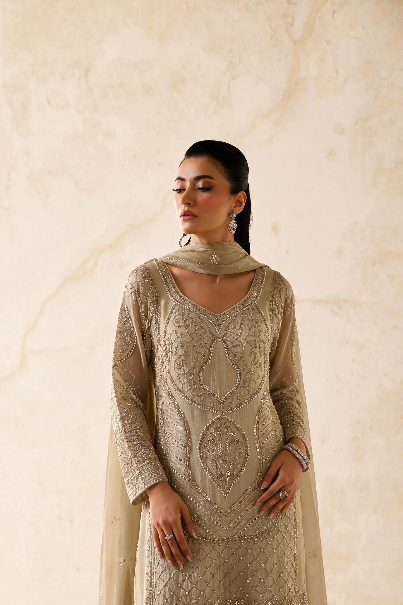 Aaina | Luxury Ivory Pakistani Three-Piece Suit