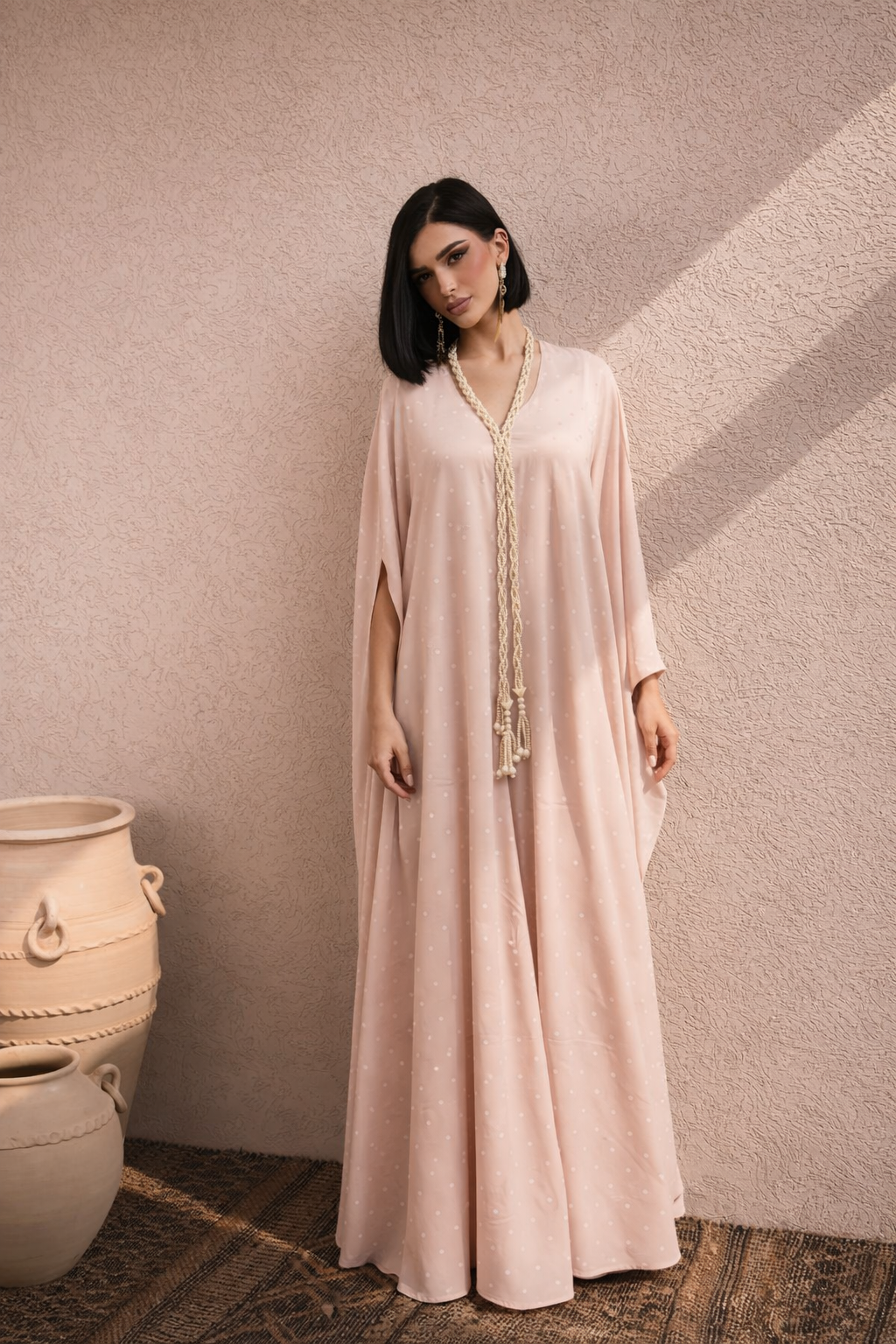 Mahnoor blush kaftan, side view showing drape