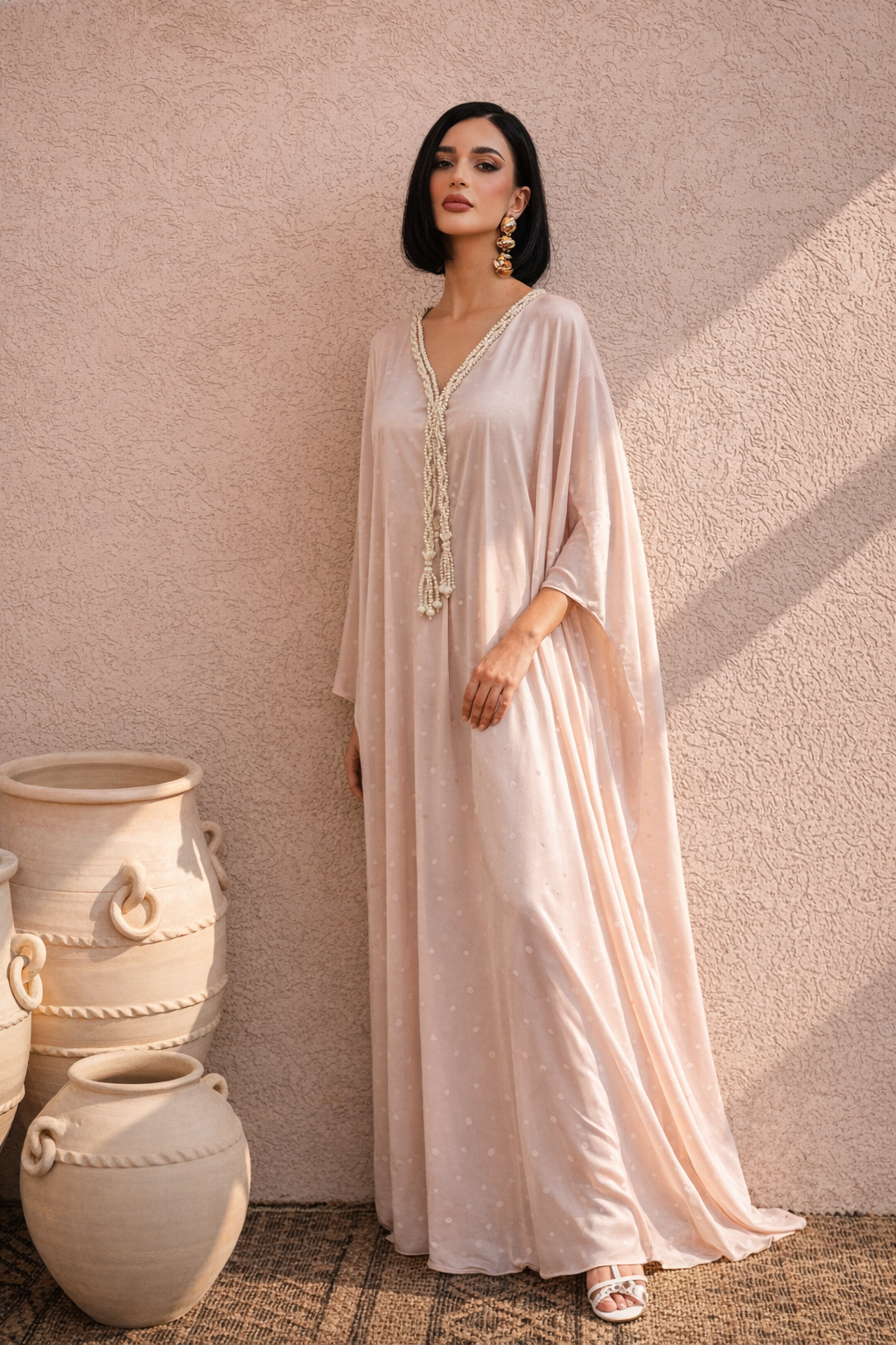ILARA Mahnoor blush sand kaftan with fluid relaxed silhouette, front view