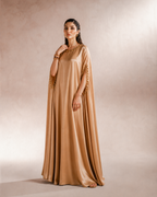 Gold satin embellished kaftan with adjustable internal waist tie by ILARA London