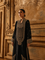 black embroidered shimmer silk 3-piece set front view