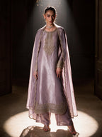 Meher lilac tissue silk kurta set — full-length view showing curved embroidered hem and matching palazzo trousers