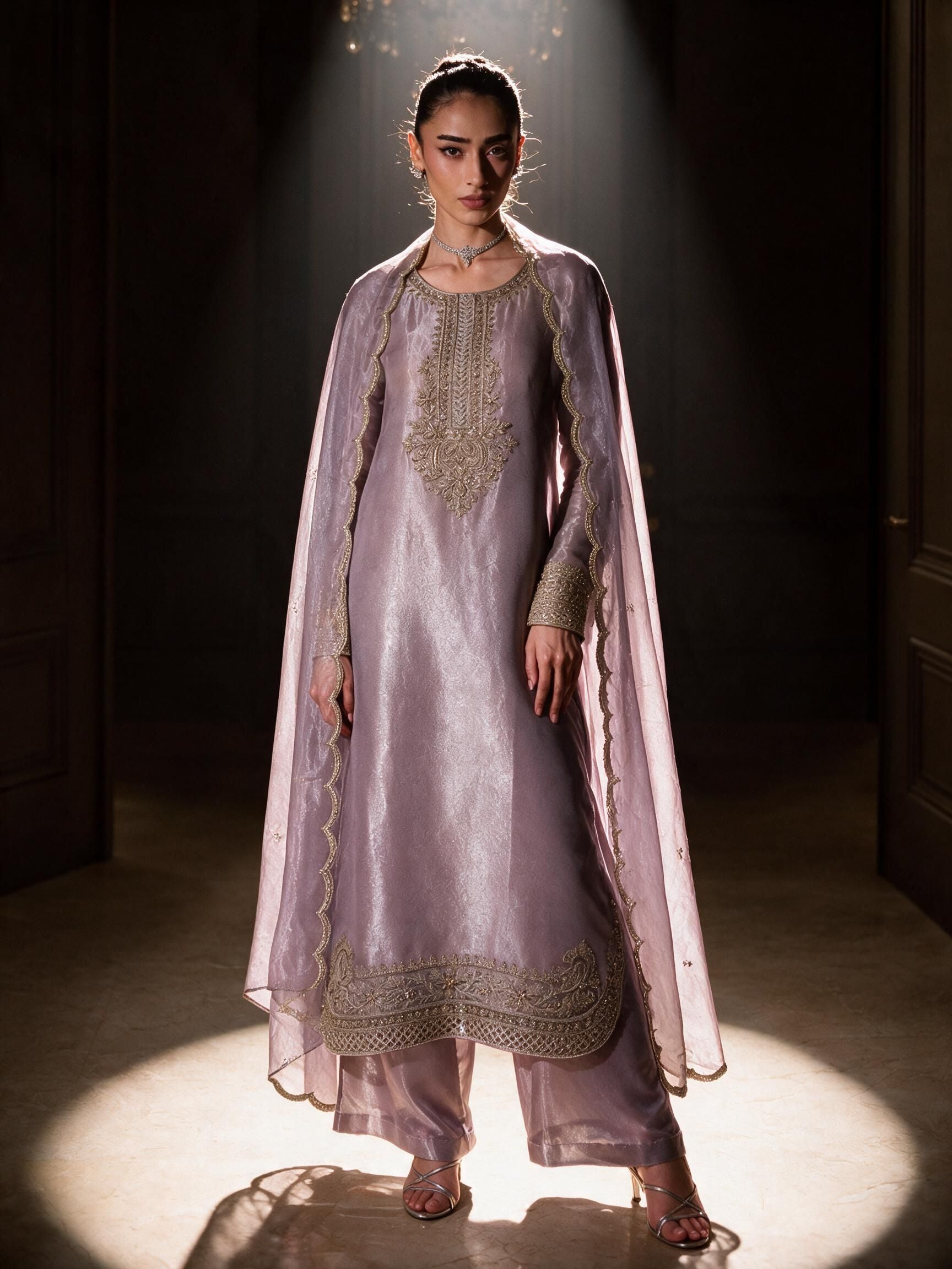 Meher lilac tissue silk kurta set — full-length view showing curved embroidered hem and matching palazzo trousers