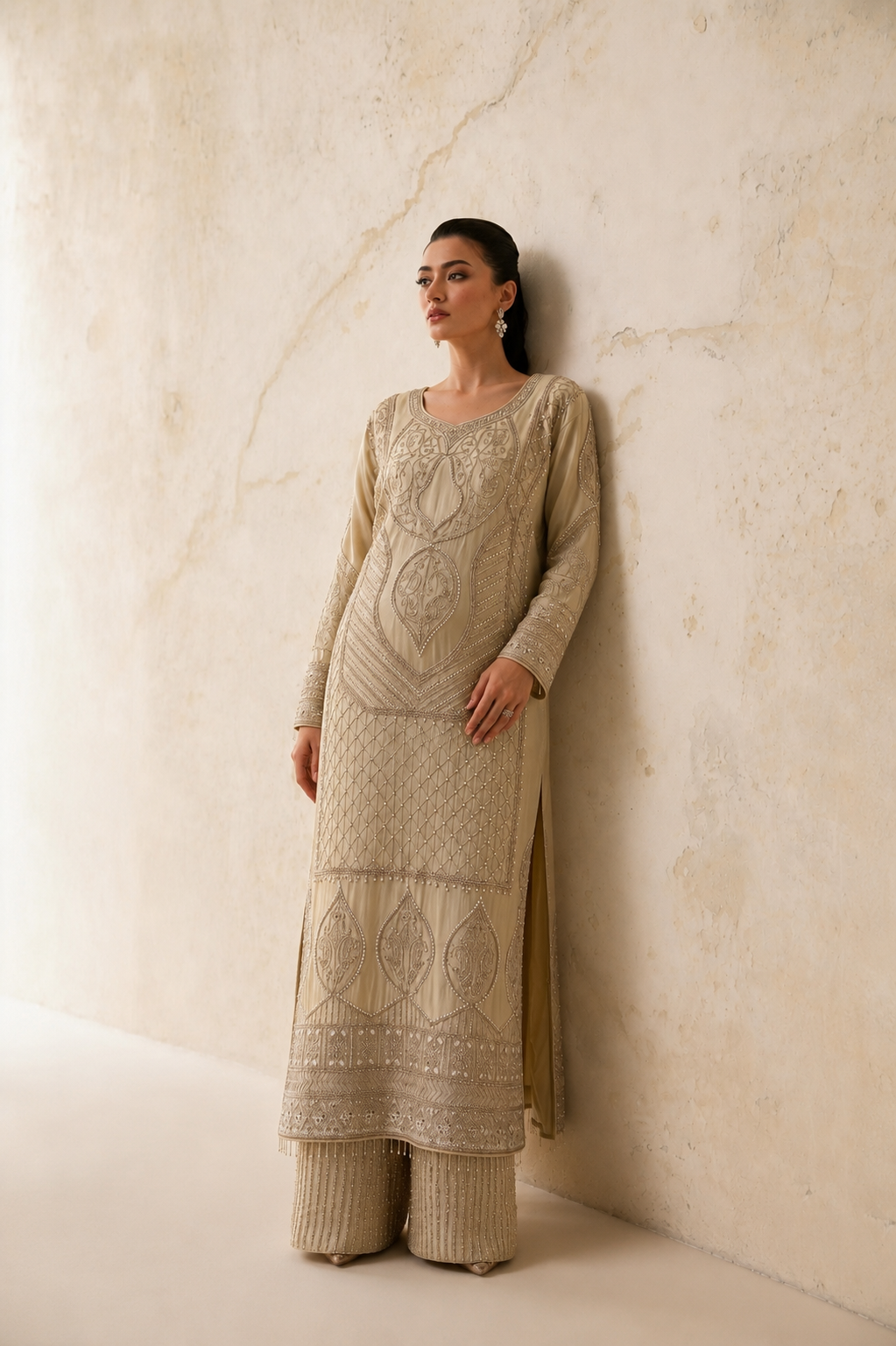A woman wearing a beige embroidered kurta and matching wide-leg trousers stands against a textured beige plaster wall, looking off-camera.